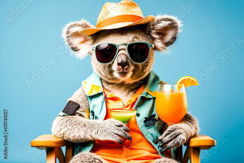 Funny koala wearing summer straw hat and stylish sunglasses. holding glasses with cocktail drinks on chair isolated over orange. Created with generative Ai © Alanh