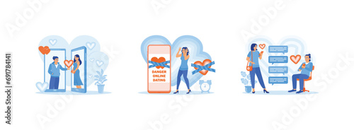 Online Dating concept. Young couple using online dating app. The dangers of online dating. Send and read messages to each other in text bubbles. Set Trend Modern vector flat illustration