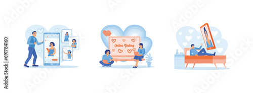 Online Dating concept. A man chatting with a female friend on a smartphone screen and sending love messages to their partner, and a man talking to a female friend on a mobile phone screen. 