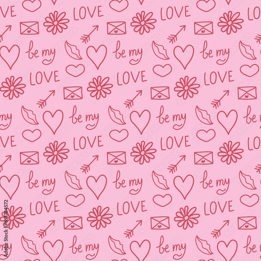 Seamless pattern with hand-drawn elements for Valentine's Day. Valentine's Day background. Seamless pattern with hand-drawn elements for Valentine's Day. Valentine's Day background.