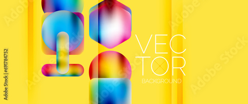 Dynamic bright colorful geometric elements with fluid gradients, lights, shadows blend in a minimal backdrop, creating captivating composition