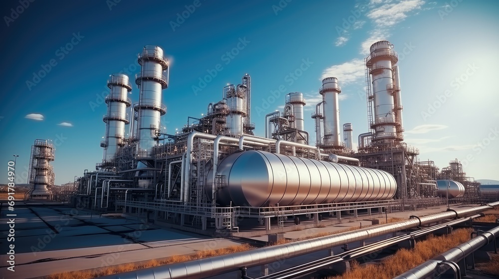 Factory of Large oil refinery pipeline and gas pipeline in the process of oil refining and the movement of oil and gas. Generative AI. Factory of Large oil refinery pipeline and gas pipeline in the process of oil refining and the movement of oil and gas. Generative AI.