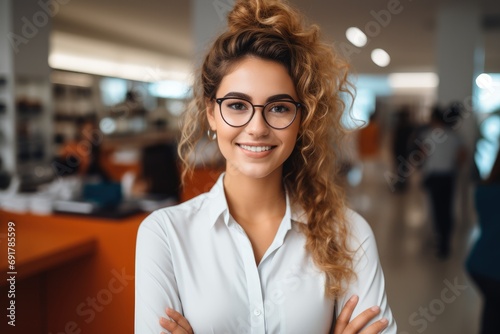 Smiling female optician standing in optician store. Generative AI. photo