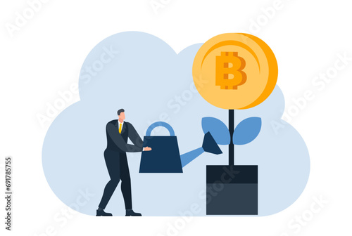 businessman with bitcoin digital money coin currency flat illustration