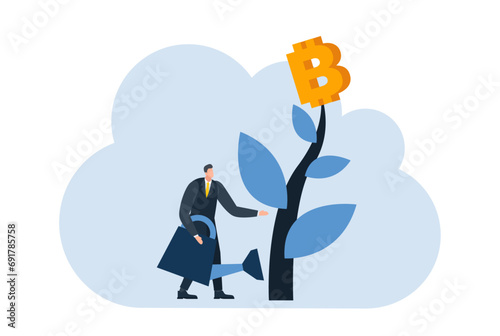 businessman with bitcoin digital money coin currency flat illustration
