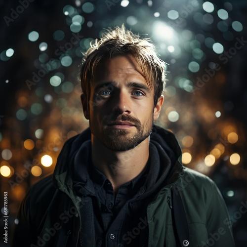 portrait of man posing with universe projection texture 