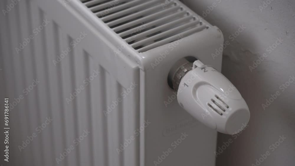 Reducing radiator or heating thermostat temperature, hand closeup, saving money during economic crisis Reducing radiator or heating thermostat temperature, hand closeup, saving money during economic crisis