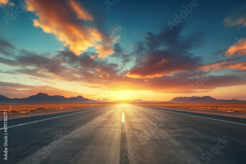 Empty road with beautiful sunset sky background. Travel vacation and freedom concept. Generative ai.