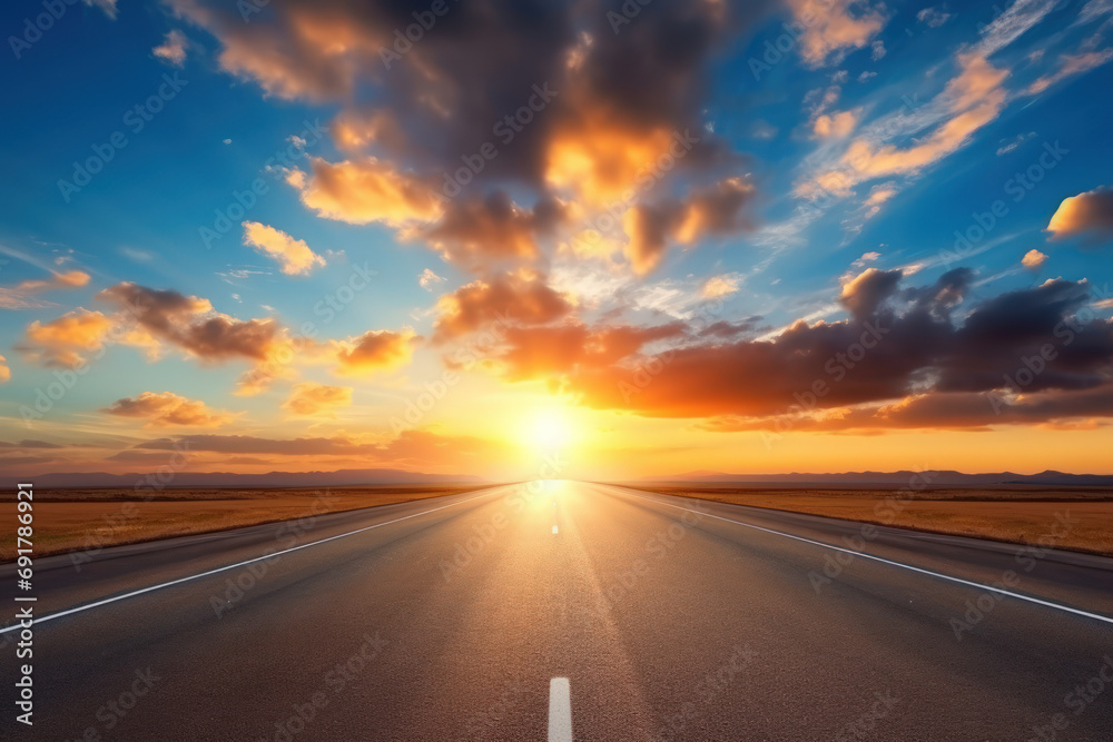 Empty road with beautiful sunset sky background. Travel vacation and freedom concept. Generative ai.