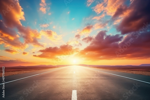 Empty road with beautiful sunset sky background. Travel vacation and freedom concept. Generative ai.