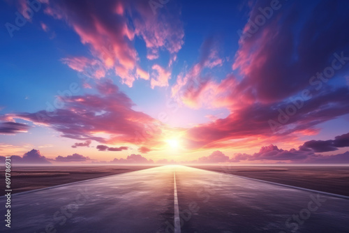 Empty road with beautiful sunset sky background. Travel vacation and freedom concept. Generative ai.