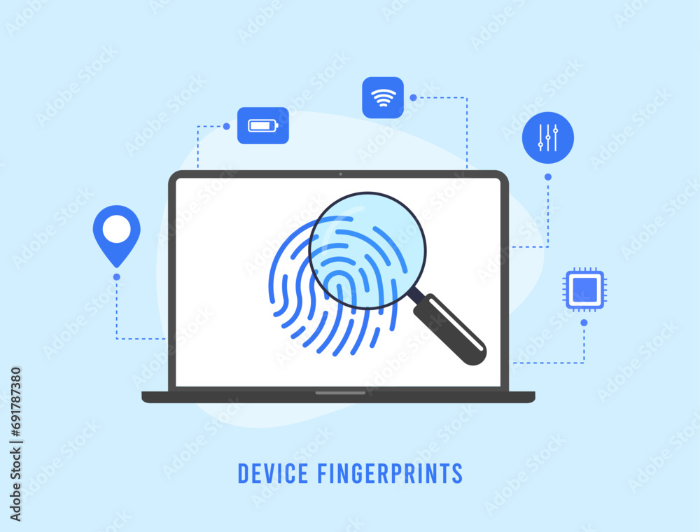 Device fingerprints concept. Web browser fingerprinting data for remote device identification assimilated using an algorithm. Ip, Mac address, setting, battery level. Isolated vector illustration Device fingerprints concept. Web browser fingerprinting data for remote device identification assimilated using an algorithm. Ip, Mac address, setting, battery level. Isolated vector illustration