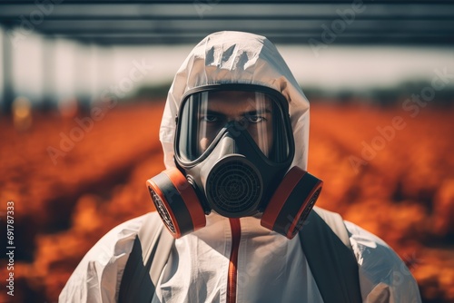 Engineer wearing a gas mask and protective suit works in the nuclear field. Generative AI. © visoot