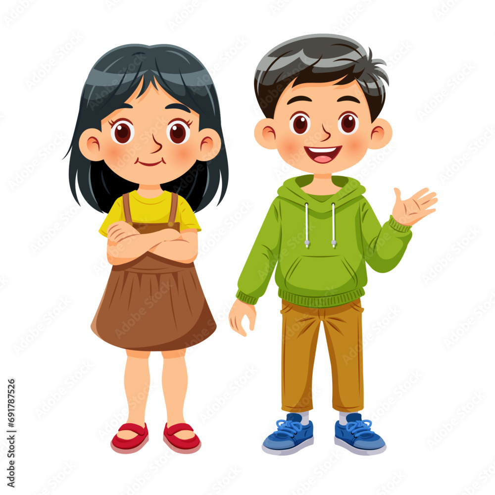 Vector illustration cartoon of a cute boy and a cute girl standing together smiling_03 Vector illustration cartoon of a cute boy and a cute girl standing together smiling_03
