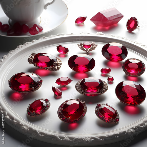 Lots of ruby one the table with white blackgroud