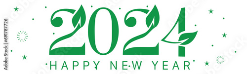 Happy New Year eco green leaf. Creative Greeting card banner for 2024 clean energy, pollution-free year
