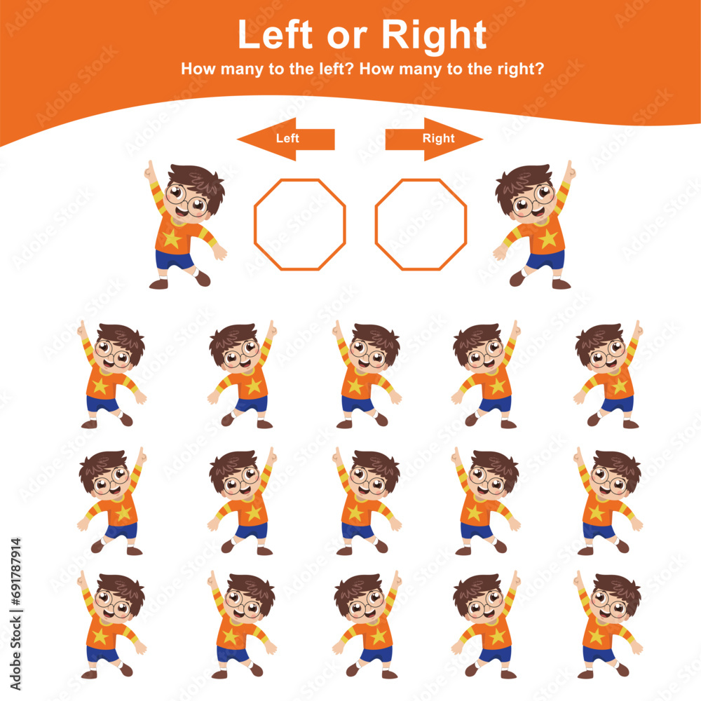 Left or right the cute little boy. Counting worksheet for kids. Math