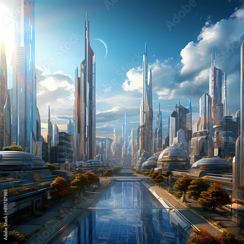 Futuristic cityscape with towering glass skyscrapers