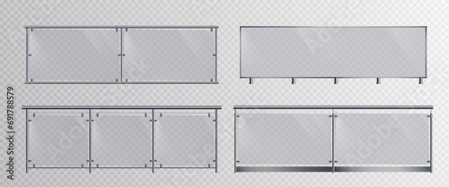 Glass banister for balcony or terrace fence. Realistic vector set of horizontal handrail with plexiglass panel and metal tubular beam fasteners for stairway guardrail. Transparent acrylic barrier.
