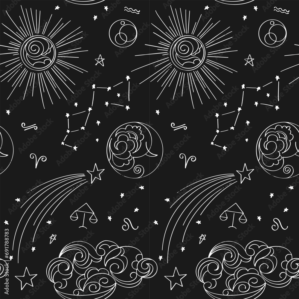 black and white seamless pattern with stylized clouds, sun and moon, vector