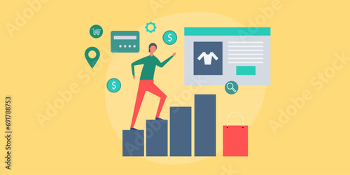 Customer journey to ecommerce sales, man walking on financial graph, e-business conceptual vector illustration.
