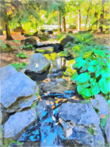 Watercolor mountain landscape. Mountain stream, stones covered with moss, water cascade, waterfall. Digital painting. Watercolor drawing.