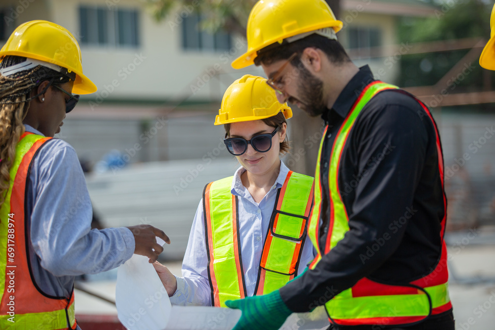 Engineering and foreman looking check at plan on blueprint in construction site working project. Architect building supervising and inspector in construction process. Engineering and foreman looking check at plan on blueprint in construction site working project. Architect building supervising and inspector in construction process.