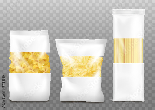Mockup of three kinds of pasta bags realistic vector illustration isolated.