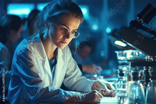 A scientist woman working in a laboratory, Medical Development Laboratory. Generative AI.