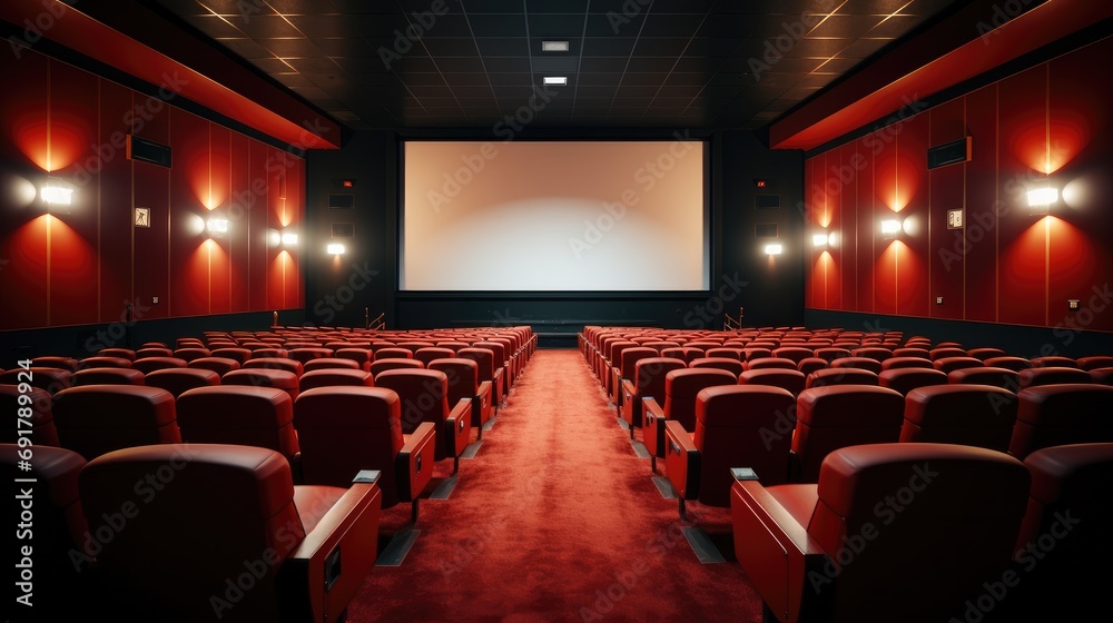 Fototapeta premium Empty cinema in red color with white blank screen, Empty cinema. Mockup. Generative AI.