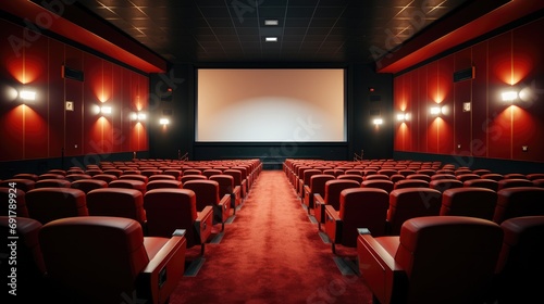 Empty cinema in red color with white blank screen, Empty cinema. Mockup. Generative AI.