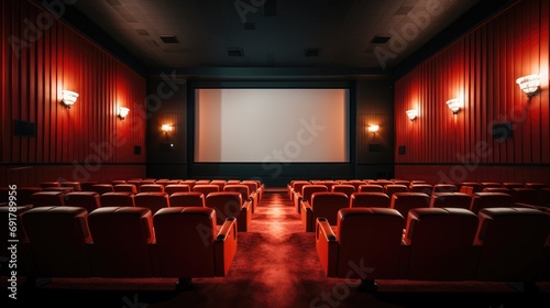 Empty cinema in red color with white blank screen, Empty cinema. Mockup. Generative AI. photo
