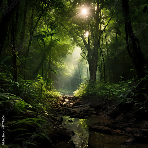 Sunlight filtering through the dense canopy of a lush green fores © Cao