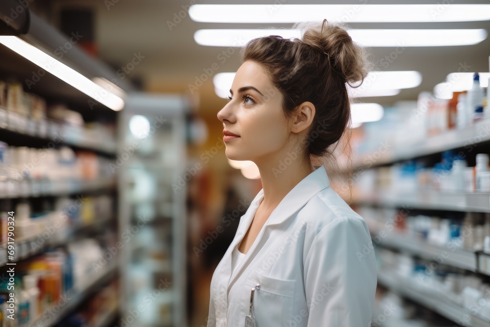 Woman pharmacist checking medicine in pharmacy. Generative AI.
