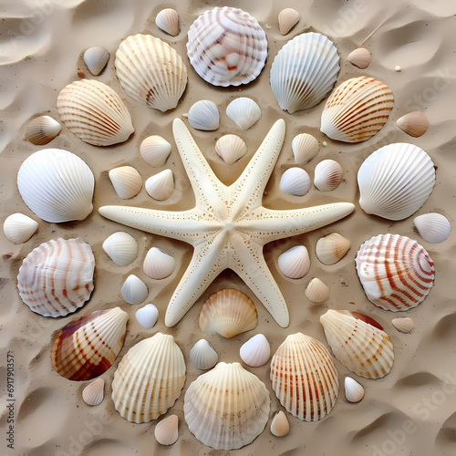 Symmetrical arrangements of seashells decorating a sandy beach
