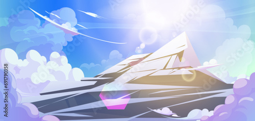 Snowy mountain top above clouds against blue sky with sun. Cartoon vector illustration landscape of high rocky peak covered with white snow. Beautiful aerial panoramic scenery with hills and sunlight.