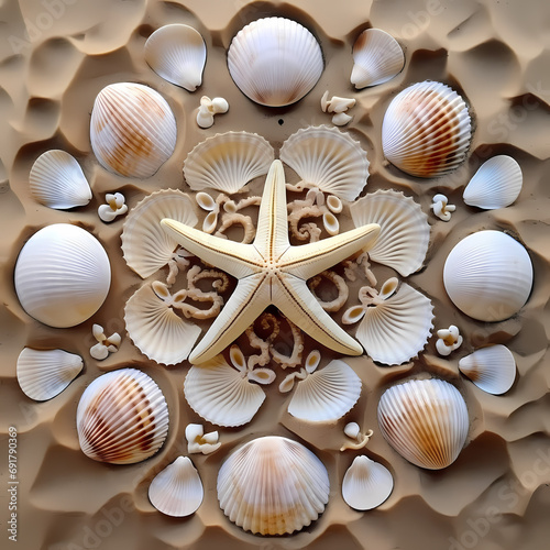 Symmetrical arrangements of seashells decorating a sandy beach