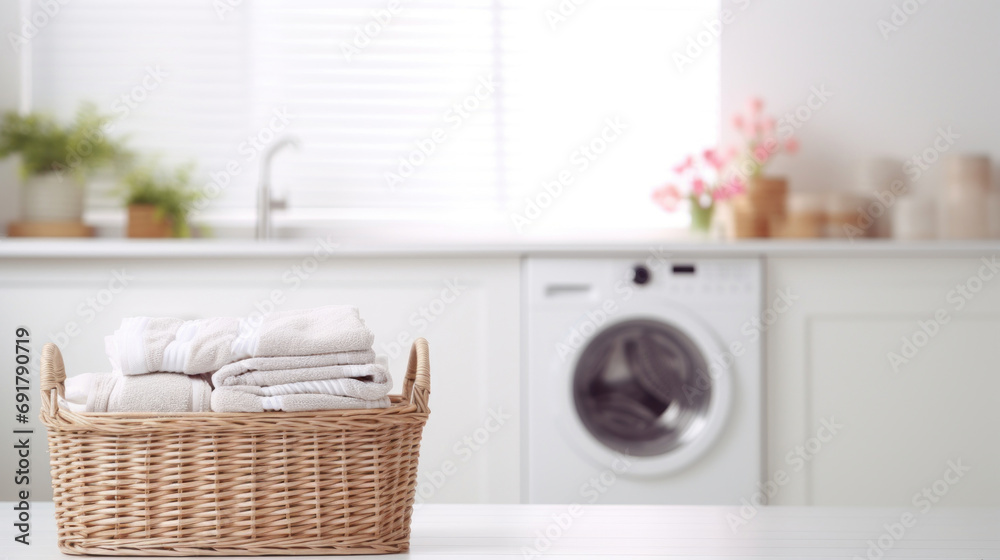 Basket with clean towels on table in kitchen. Space for text Basket with clean towels on table in kitchen. Space for text
