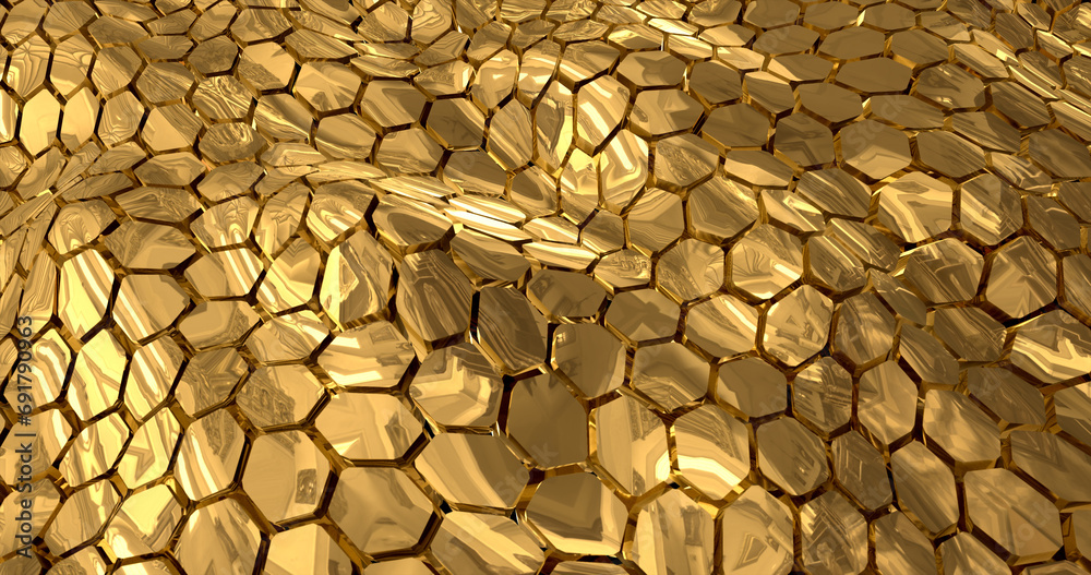 Naklejka premium Abstract energy metal gold shiny cells hexagons with waves background