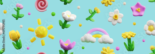 Spring seamless pattern, realistic 3D render in plasticine art, vector