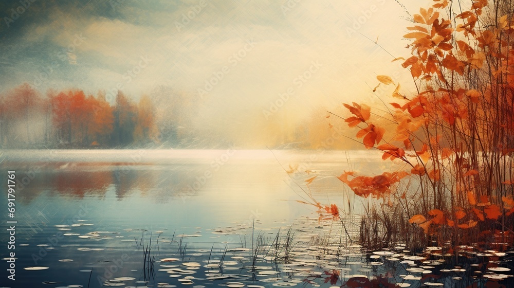 Abstract oil painting of lake with autumn leaves. Created with Generative AI