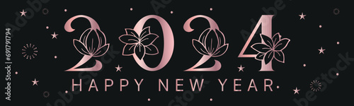 Happy New Year 2024 with rose gold luxury floral element. Celebrating, greeting cards, party template design