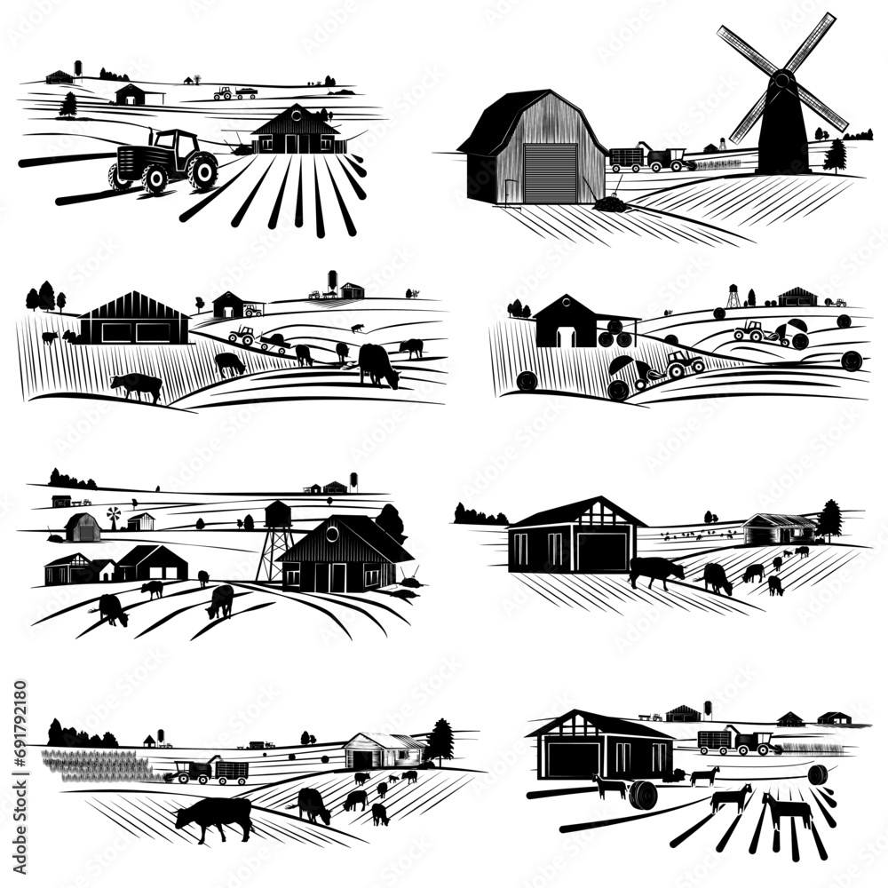 Set of silhouette scenes from farm life with fields, barns and machinery isolated on white background. Rural clipart. - obrazy, fototapety, plakaty 