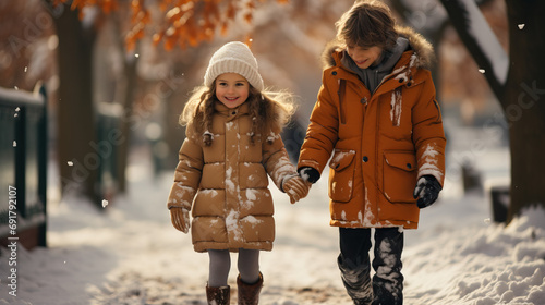 Kids Walk in the Park with First Snow: A Heartwarming Scene Capturing the Joy and Happiness of Children Strolling in the Park © Lila Patel