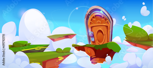 Floating island with wooden door in sky. Vector cartoon illustration of pieces of land flying in heavenly cloudscape, magic portal to fantasy world, adventure game platforms, entrance to new level