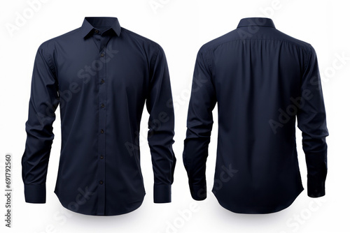 A dark blue dress shirt, shown from both the front and back isolated over a white background, copy space clothing