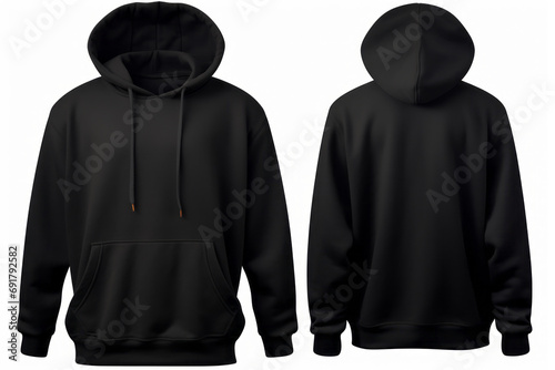 A black hoodie shown from both the front and back isolated over a white background, copy space clothing