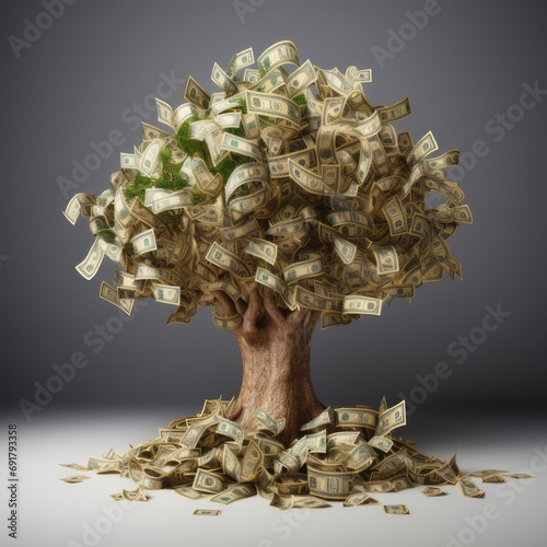 Money Tree of Dollars. Money tree concept with room for text or copy space. Dollar. Bitcoin. Cryptocurrency. AI generated