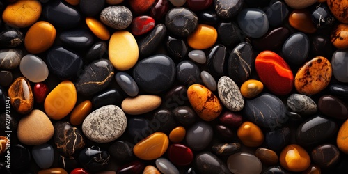 Varied pebbles with a golden sheen among them lie clustered, exuding natural elegance.