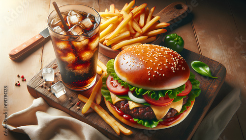 Homemade hamburger, French fries, and cola photo